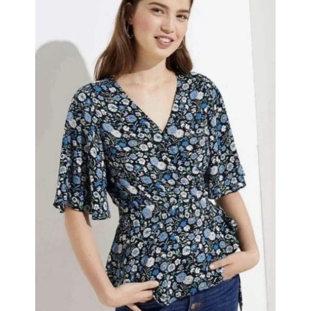 LOFT Blue Floral Wrap Blouse Size M - V-Neck Flowy Sleeves Boho Chic